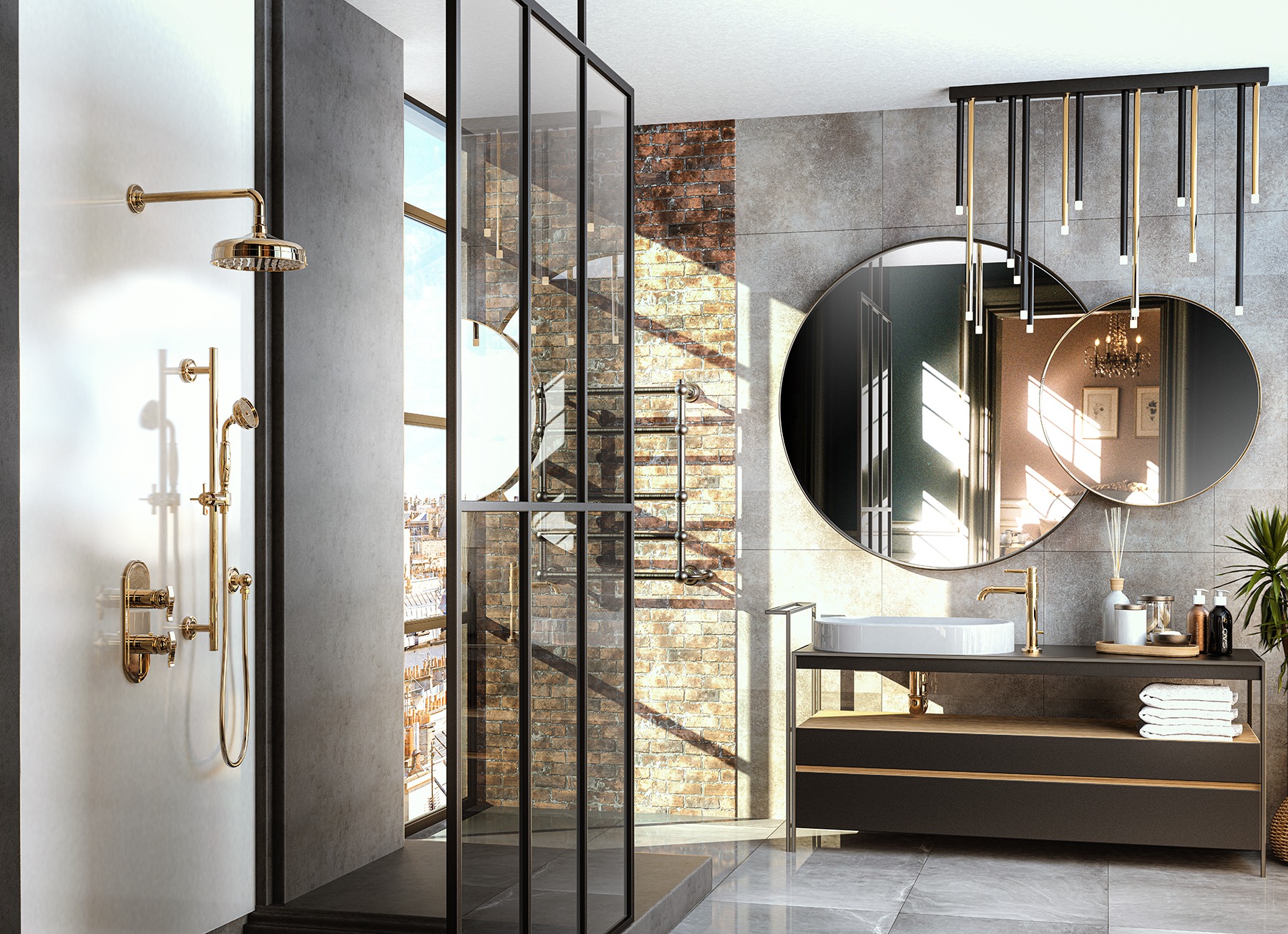 Modern bathroom with a walk-in shower featuring gold fixtures, a glass partition, and a brick accent wall. A large round mirror with hanging pendant lights is above a wooden vanity with a sink, with neatly folded towels below. The bathroom is well-lit by windows.