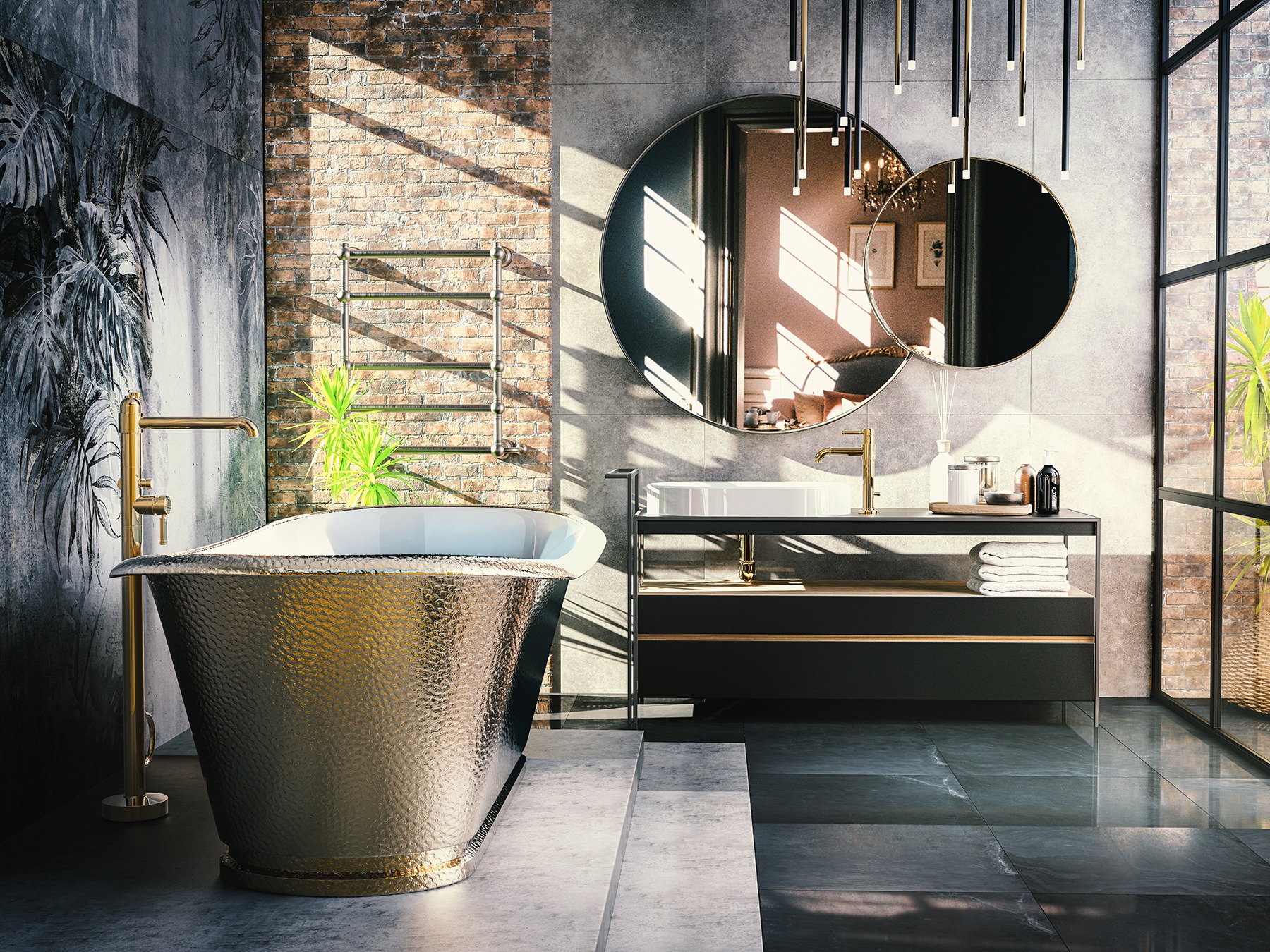 Modern bathroom featuring a freestanding metallic bathtub, a wall-mounted towel rack, a vanity with a round mirror, and a large window allowing abundant natural light. Decor includes green plants and a combination of brick and tiled walls.