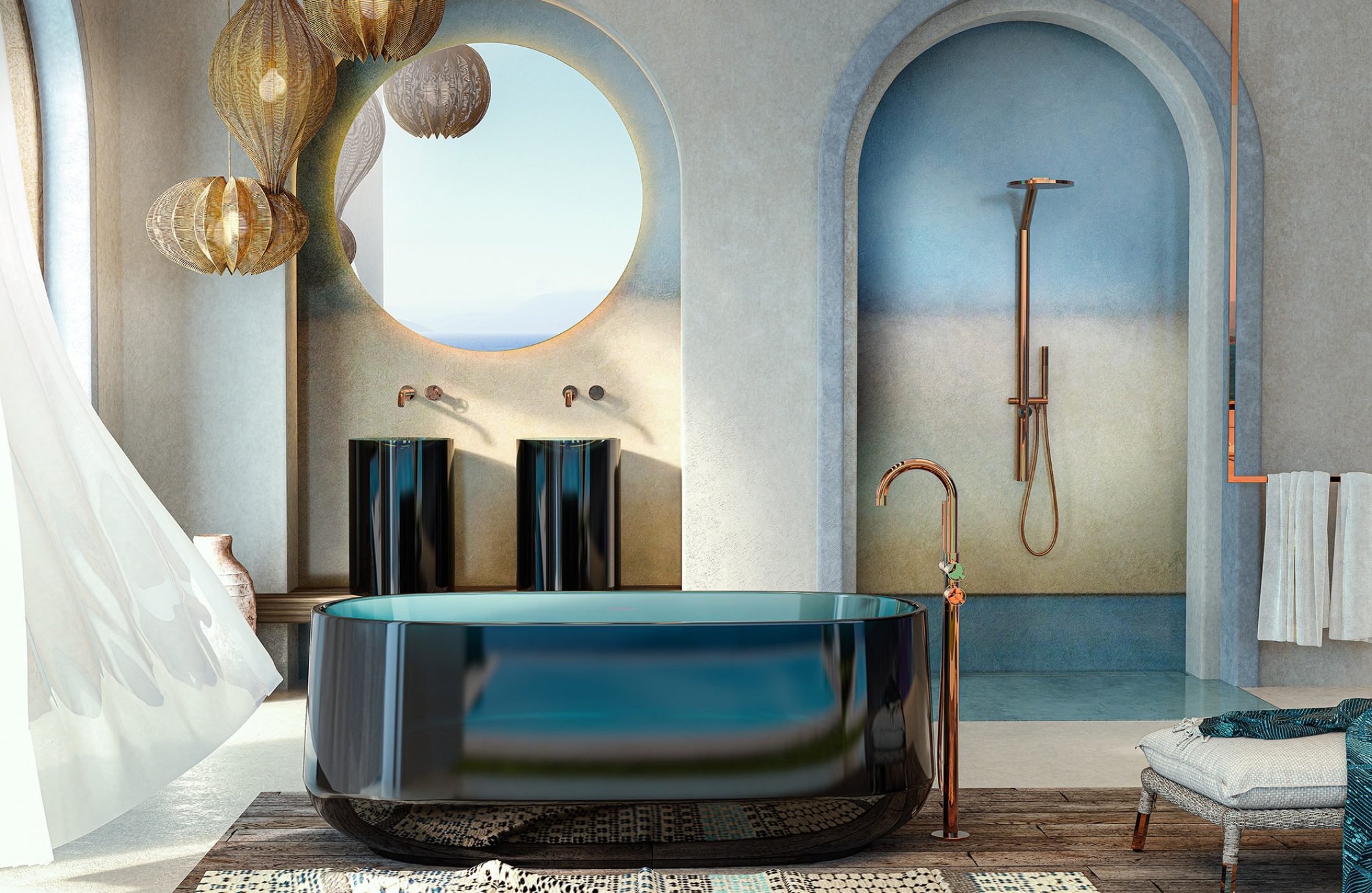 Modern bathroom with a sleek, freestanding black bathtub, two black pedestal sinks with rounded mirrors above them, and a walk-in shower with an arched doorway. The room is adorned with woven pendant lights, a patterned rug, and natural light streaming through a sheer curtain.